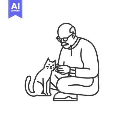 Aset desain premium: An elderly man with glasses and a beard petting a cat