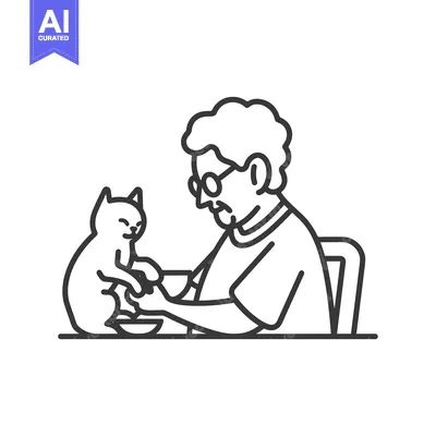 Aset desain premium: An elderly man with glasses feeds a cat from a bowl
