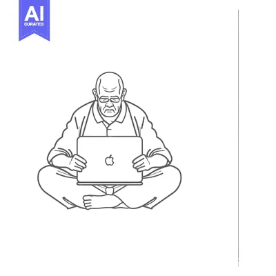 Aset desain premium: An elderly man with glasses sitting in a meditative pose with a laptop