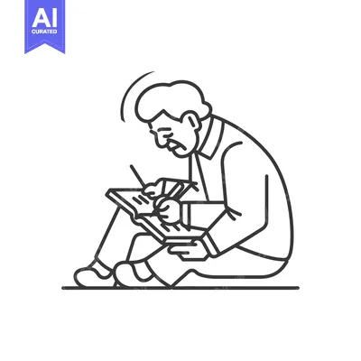 Aset desain premium: An elderly person sitting on the floor and writing in a book