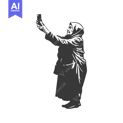 Premium design asset: An elderly woman in a headscarf takes a selfie on her phone