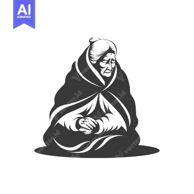 Aset desain premium: An elderly woman sits, wrapped in a cloak, her head bowed in sorrow.