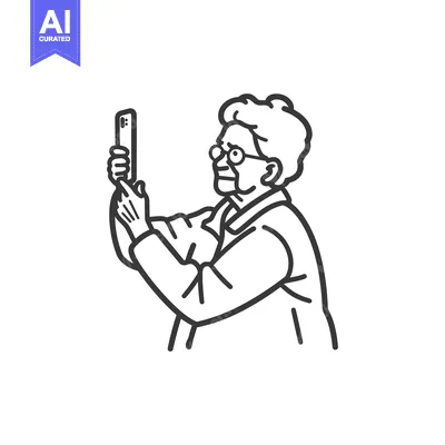 Aset desain premium: An Elderly Woman Using a Smartphone, Line Art Illustration