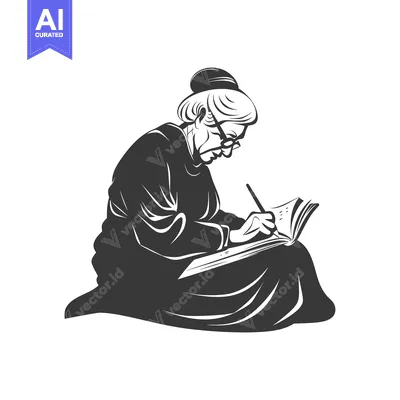 Aset premium populer: An elderly woman with a bun in her hair sits with a book and writes in