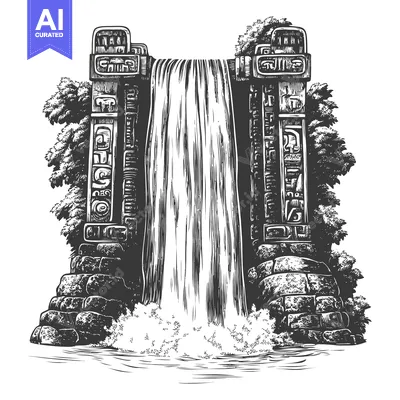 Aset premium populer: An Engraved Illustration of a Waterfall Flanked by Stone Pillars with