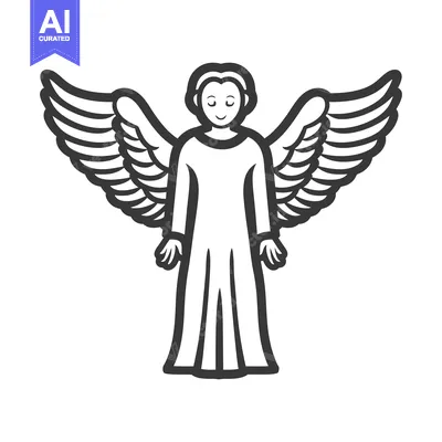 Simple graphic of a serene winged figure in a long robe