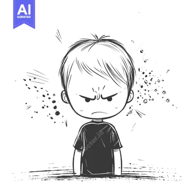 Aset desain premium: Angry Boy Character Illustration with Lines and Dots