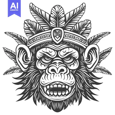 Aset premium populer: Angry Monkey Head with Feathers and Tribal Design