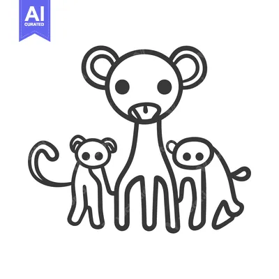 Aset premium populer: Simple line drawing depicts a family of three monkey like creatures