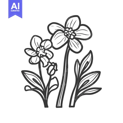 Aset premium populer: A simple black and white line drawing depicts flowers with leaves