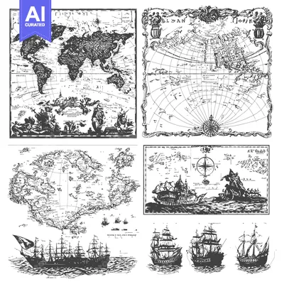 Aset premium populer: An Illustrated Collection of Vintage Maps and Sailing Ships