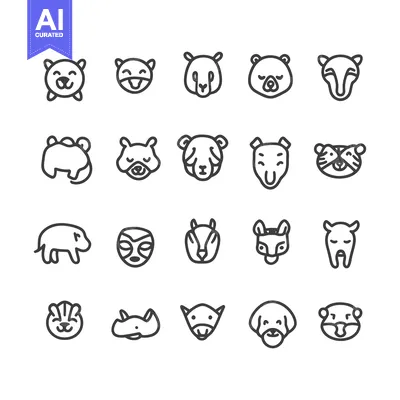 Aset premium populer: A collection of various simplified line drawings of animal faces