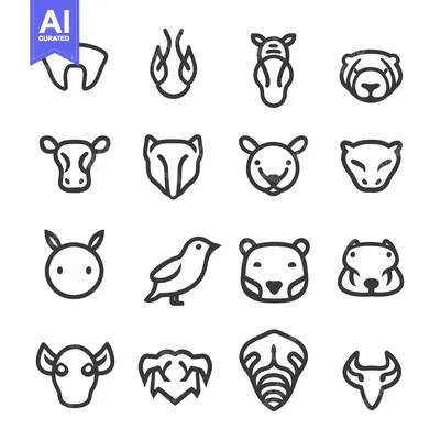Aset premium populer: Simple Line Drawings Depicting Various Animal Faces and Heads