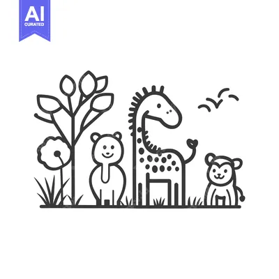 Aset premium populer: Cartoon animals and plants form a stylized scene on grass
