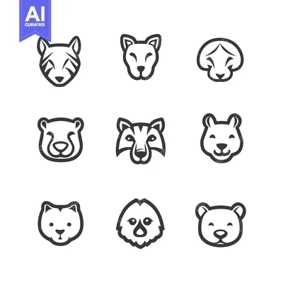 Aset desain premium: Simple line art drawings depicting diverse animal faces in a grid