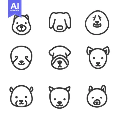 Aset premium populer: Nine simple illustrations of dog faces with varying designs and expres