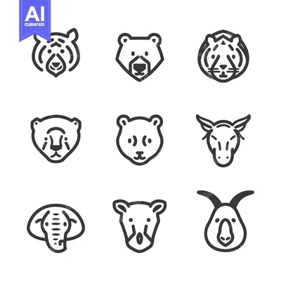Aset premium populer: Nine Minimalistic Animal Face Illustrations Presented in a Grid Arrang