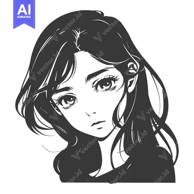 Aset desain premium: Black and white illustration of a young womans face