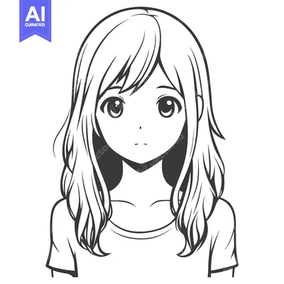 Aset premium populer: A simple black and white anime style portrait of a young girl