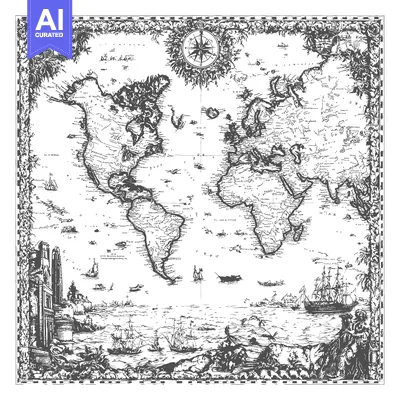 Aset desain premium: An Old Nautical Map of the World, Surrounded by Ships and  Floral Bord
