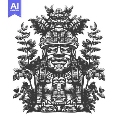 Aset premium populer: An Ornate Aztec Idol with Feathered Headdress in Jungle Foliage