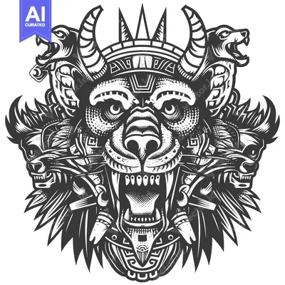 Aset desain premium: An Ornate Monochromatic Illustration of a Ferocious Beast with Horns