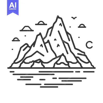 Simple black and white illustration of mountains and water