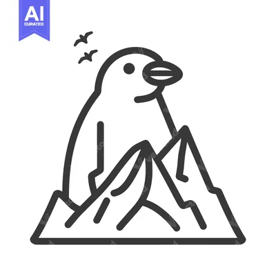 Premium design asset: A penguin sits upon a mountain range with birds flying above