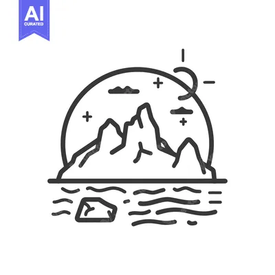 Aset premium populer: A stylized black and white image depicts mountains and the ocean