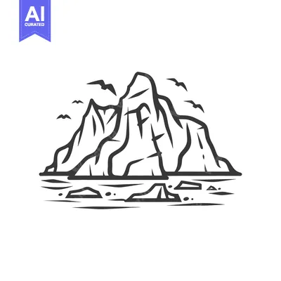 Aset premium populer: An illustrated black and white scene of an iceberg and birds