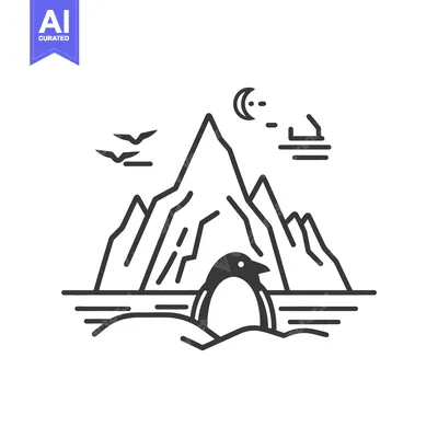 Aset desain premium: A solitary penguin stands facing majestic mountains under a night sky