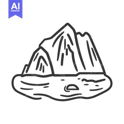 An outlined illustration depicting a mountain iceberg floating on wate