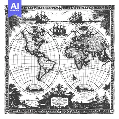 Aset desain premium: Antique Framed World Map with Ships and Palm Trees