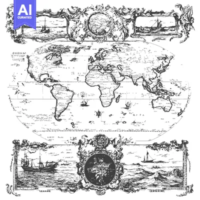Aset premium populer: Antique World Map Illustration with Sailing Ships and Ornate Frames