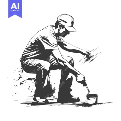 Aset desain premium: A Painter Kneeling and Inspecting His Work