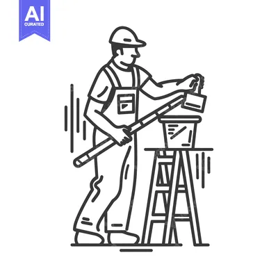 A painter standing on a stepladder, dipping a paintbrush in a bucket