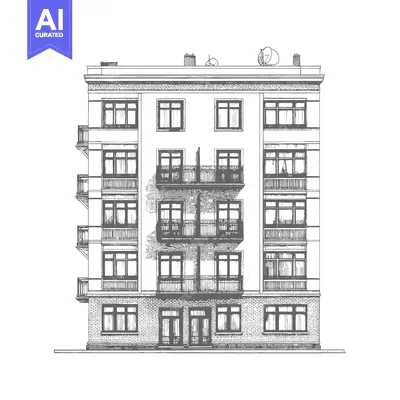 Aset desain premium: Apartment Building Facade Architectural Sketch