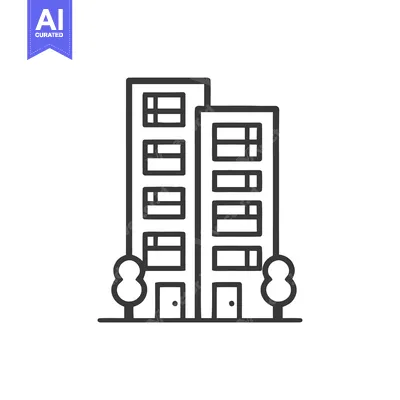 Aset desain premium: Minimalist Building Icon with Trees, Black Outline on White Background