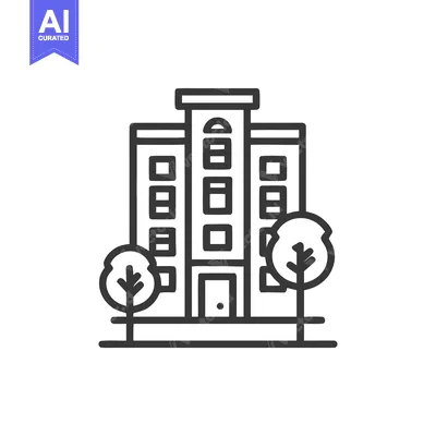 Aset premium populer: Minimalist Building Icon with Trees, Black Outline on White Background