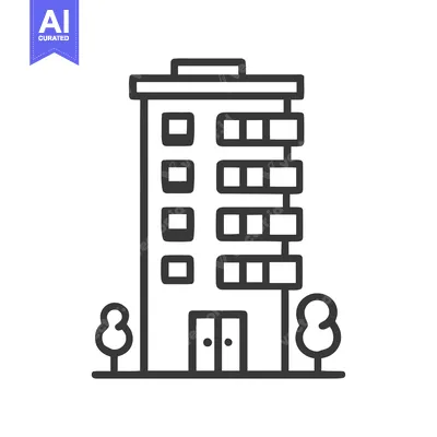 Aset premium populer: Minimalist Apartment Building Icon with Trees, Clean Line Art Style