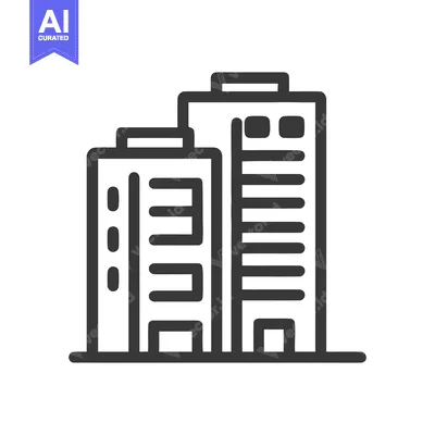 Aset desain premium: Minimalist Icon of Two Modern Buildings, Black Outline on White Backgr