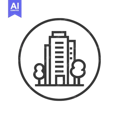 Aset desain premium: Minimalist Cityscape Icon: Building, Trees, and Circular Frame Design