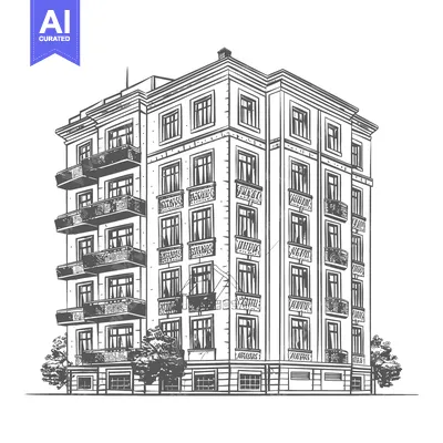Aset premium populer: A detailed illustration depicts an apartment building of ornate design