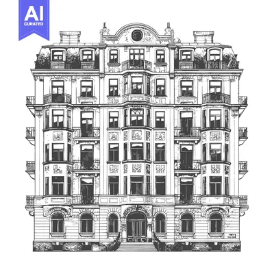 Aset premium populer: A black and white drawing of an ornate building