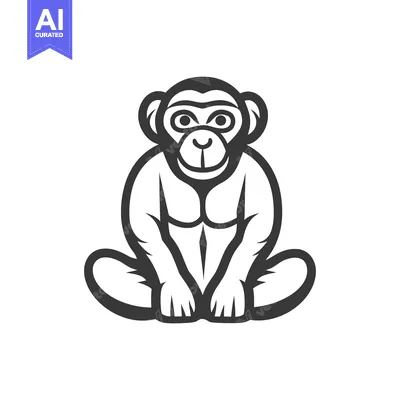 Aset premium populer: A stylized black and white sitting monkey illustration with detailed f