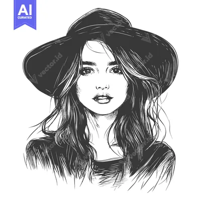 Aset desain premium: A Pen and Ink Sketch of a Woman with Long Hair and a Wide-Brimmed Hat