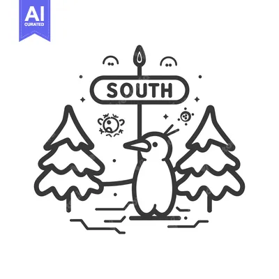 Aset premium populer: A penguin standing on a snowy ground with a "south" sign