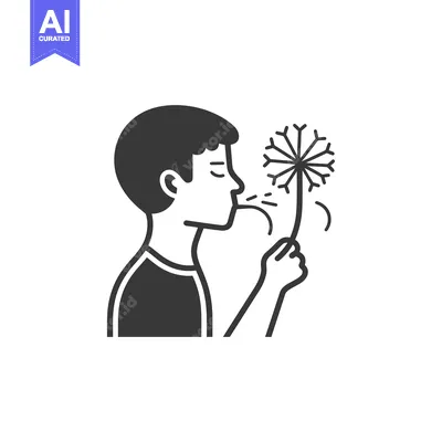 Aset desain premium: A person blowing on a dandelion with closed eyes