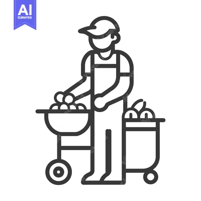 Aset premium populer: A person in an apron pushing a cart full of fruits