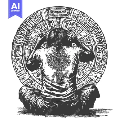 Aset desain premium: A Person Meditating in Front of an Aztec Calendar Stone